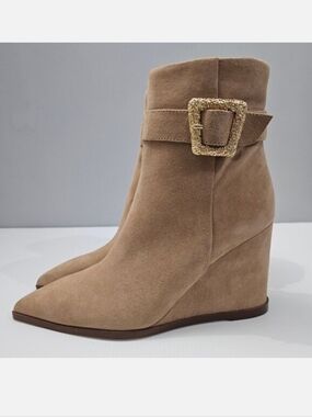 Sam Edelman Weslie Wedge Ankle Bootie Womens 7 Tan Suede Pointed Toe Buckle